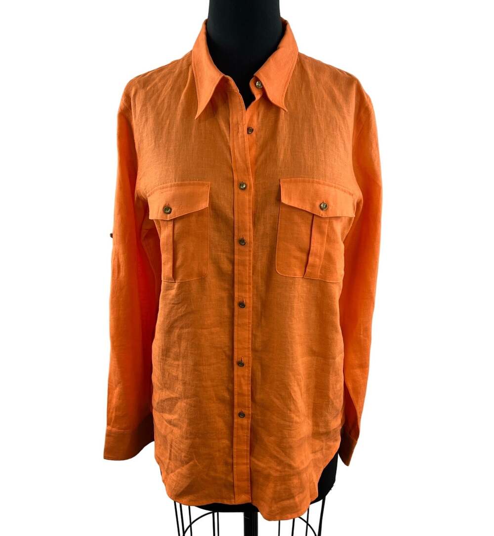 Lauren Ralph Lauren Linen Button Down Top Orange Long Sleeve Pockets Size L